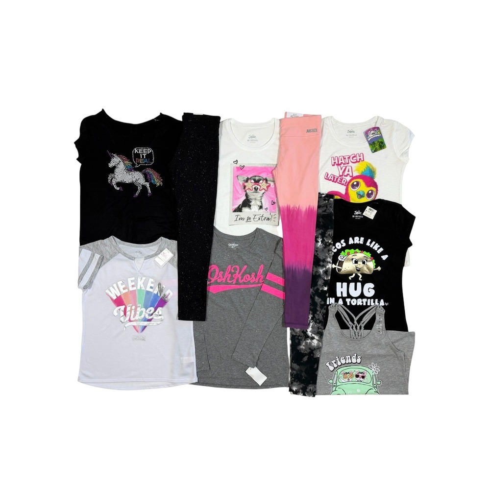 Justice OshKosh Girl Size 10 Clothing Lot 10pc NWT Leggings Graphic Tees Unicorn